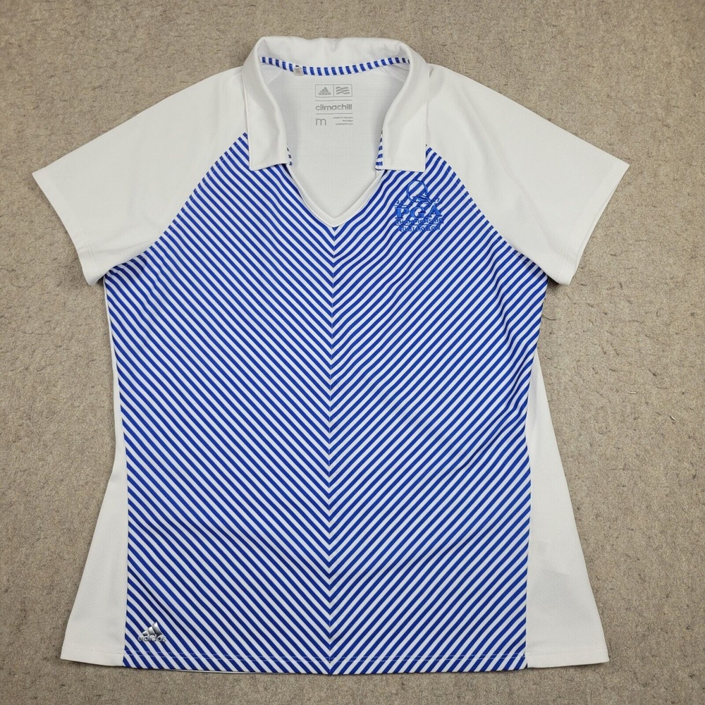 Quail Hollow Adidas Climalite Golf Polo Shirt Womens Medium Blue‎ White Striped